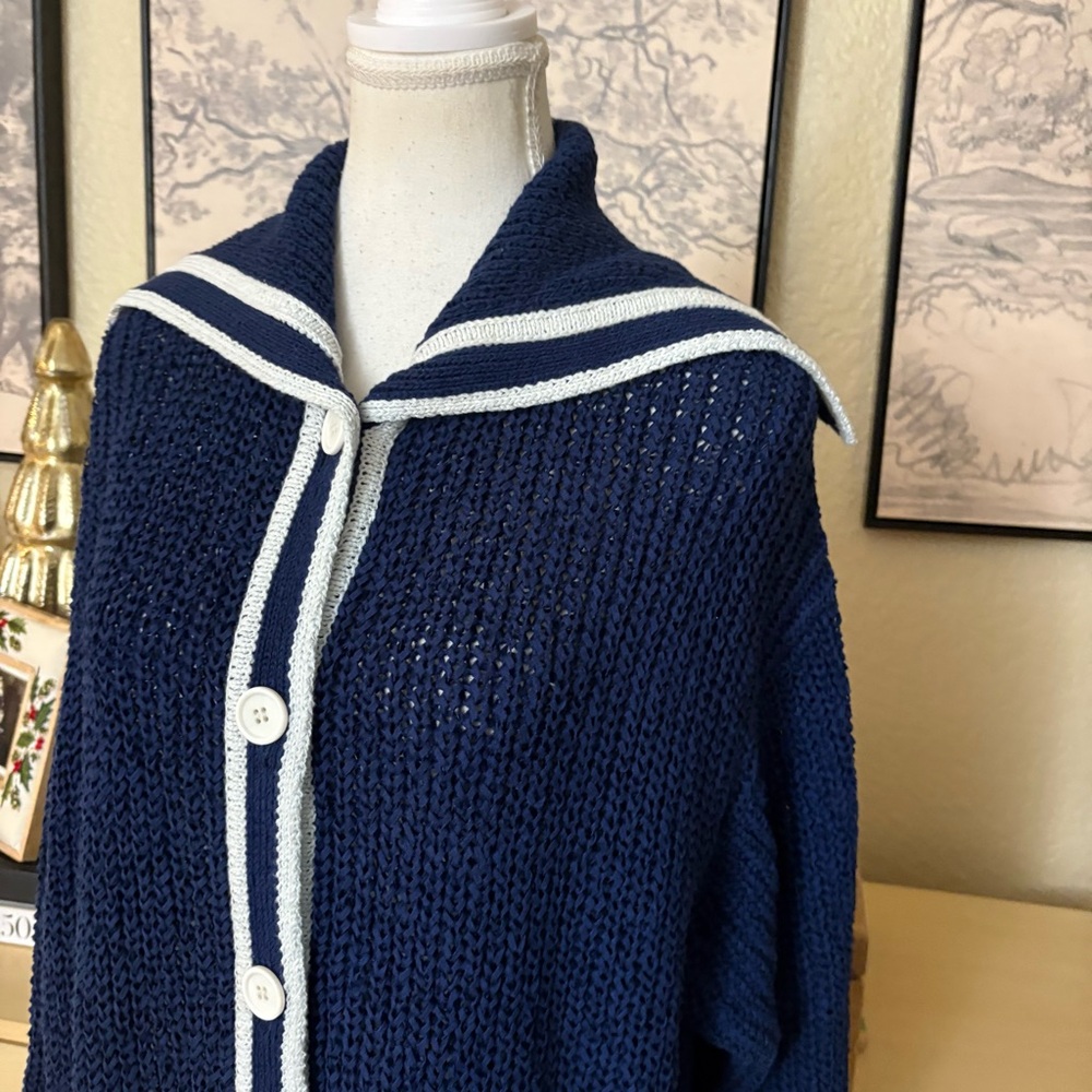 J CREW Textured Sailor Cardigan Sweater Blue White Size Medium Preppy‎ Nautical - Picture 6 of 12